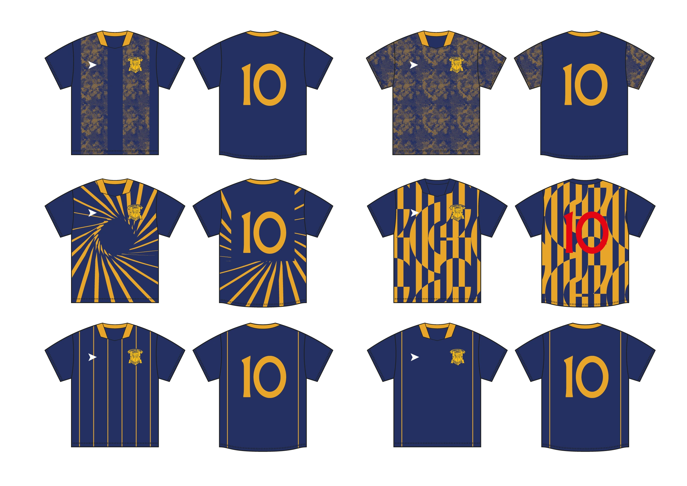 First round of six Basingstoke shirt concepts exploring circular patterns, stripes and blue and yellow graphics