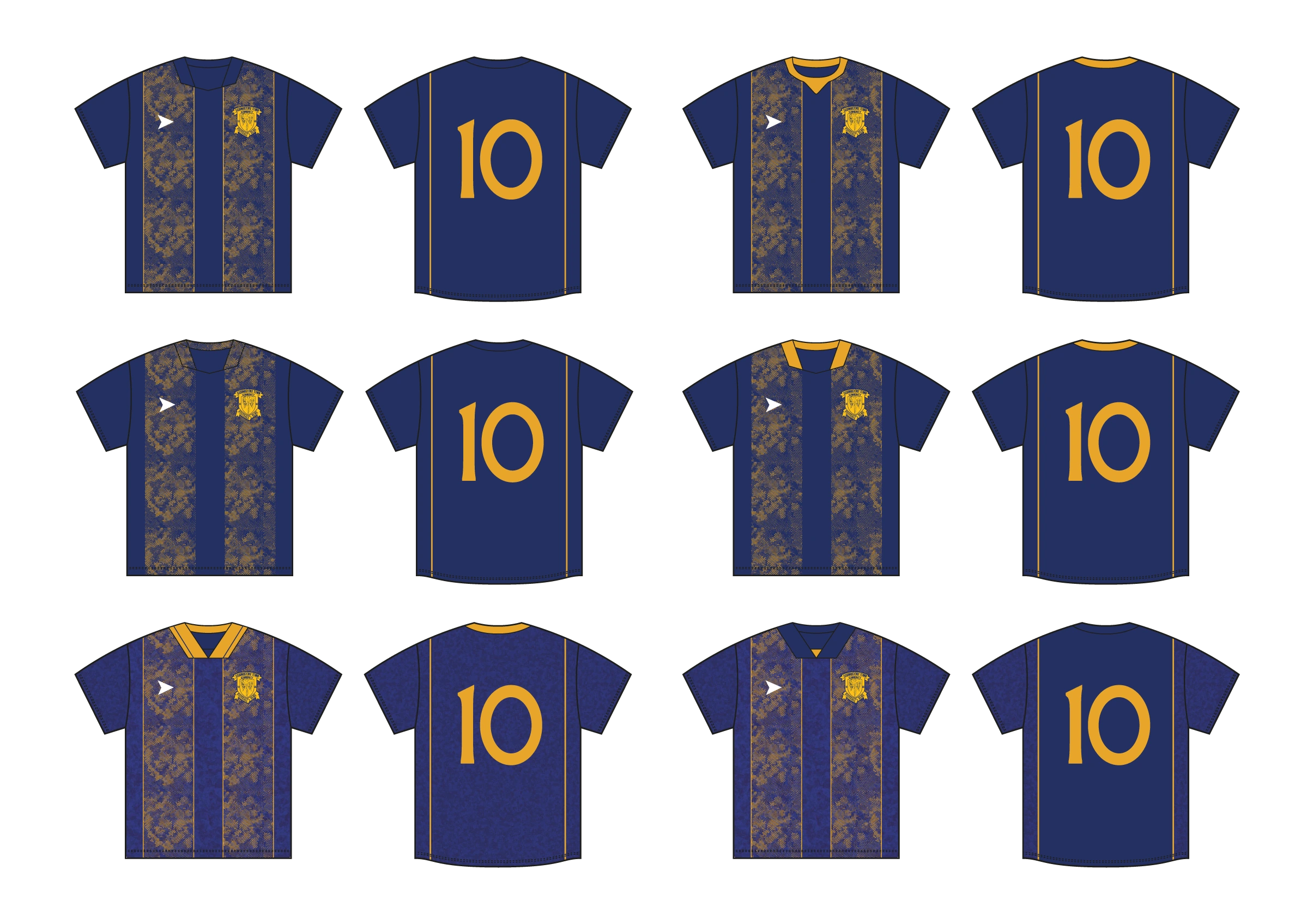 Second round of six Basingstoke shirt concepts refining patterned panels, collars and trims