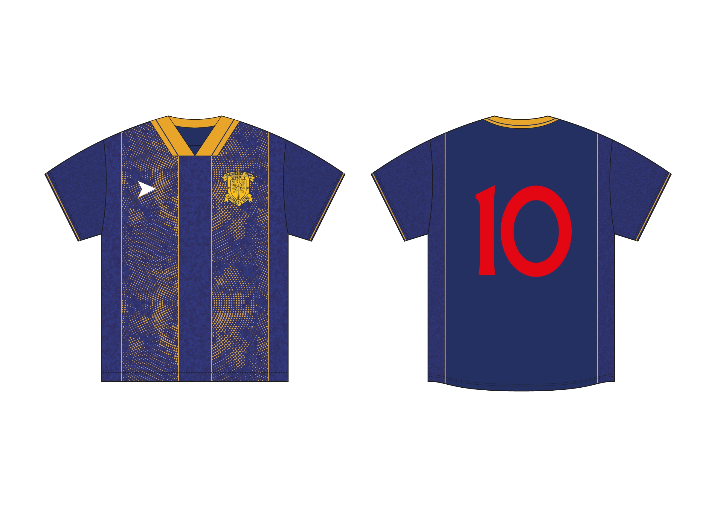 Final Basingstoke home shirt CAD showing front and back, patterned front panels and contrasting collar