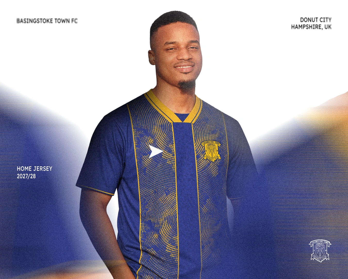 Basingstoke Town FC home jersey presentation featuring the shirt worn by a model, Donut City identity and 2027/28 text