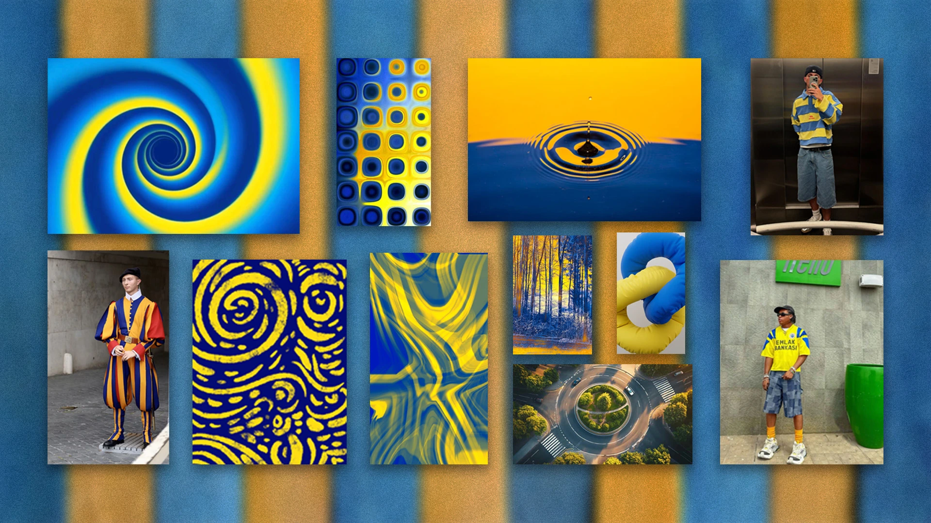 Blue and yellow moodboard exploring circular forms, spirals, roundabouts and sportswear