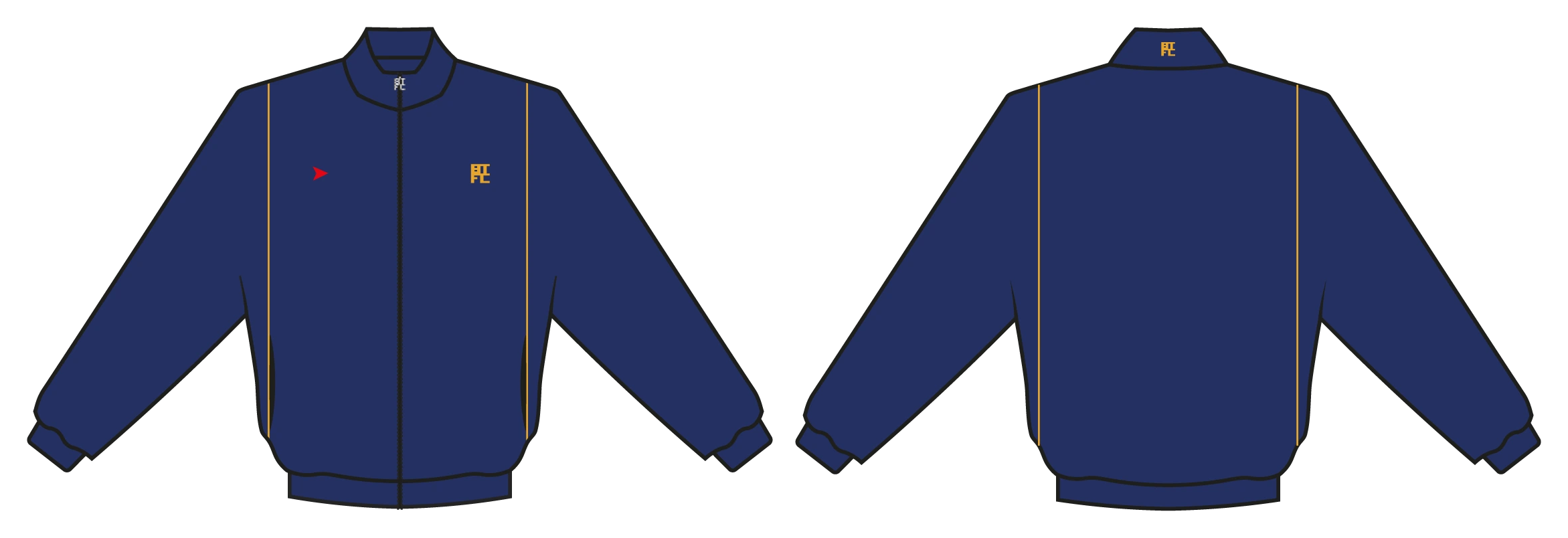 Basingstoke track jacket CAD showing front and back views, full zip, high collar and yellow panel piping