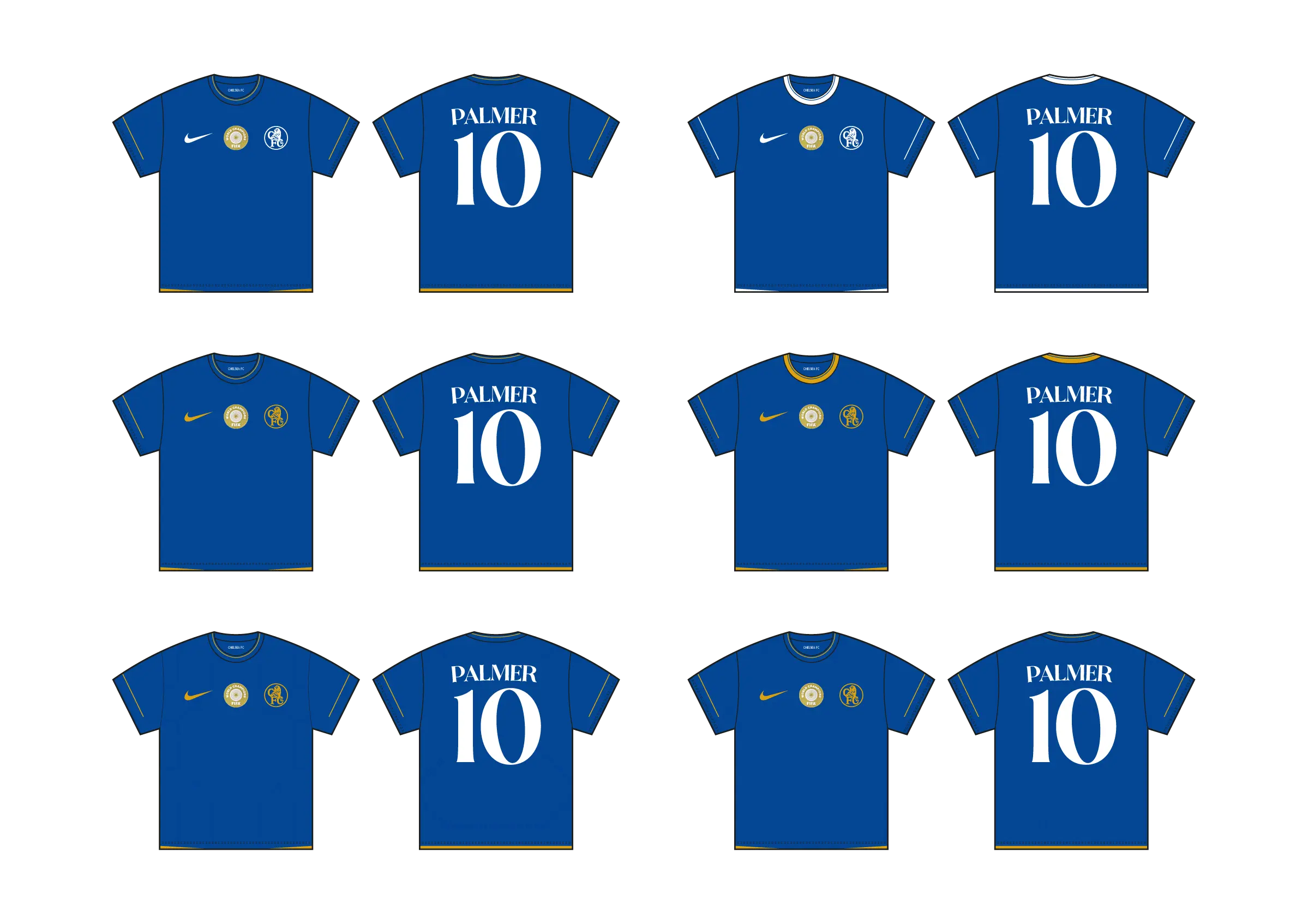 First round of Chelsea shirt concepts, showing six front and back design options