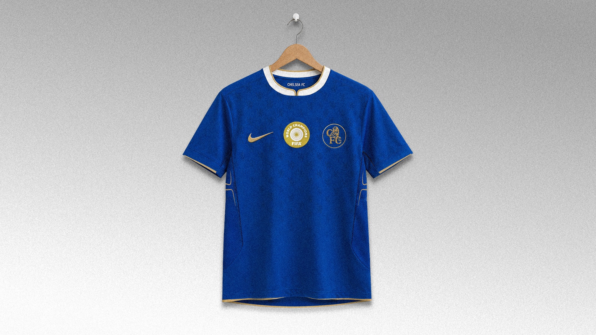 Chelsea concept home shirt displayed on a hanger