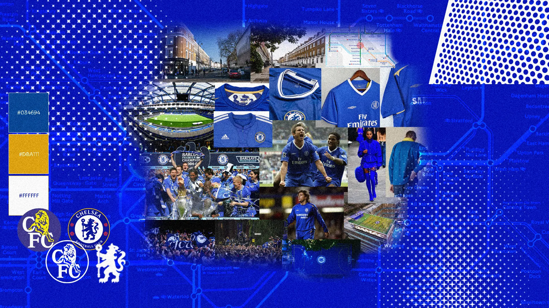 Chelsea research moodboard featuring title-winning shirts, club colours and heritage references