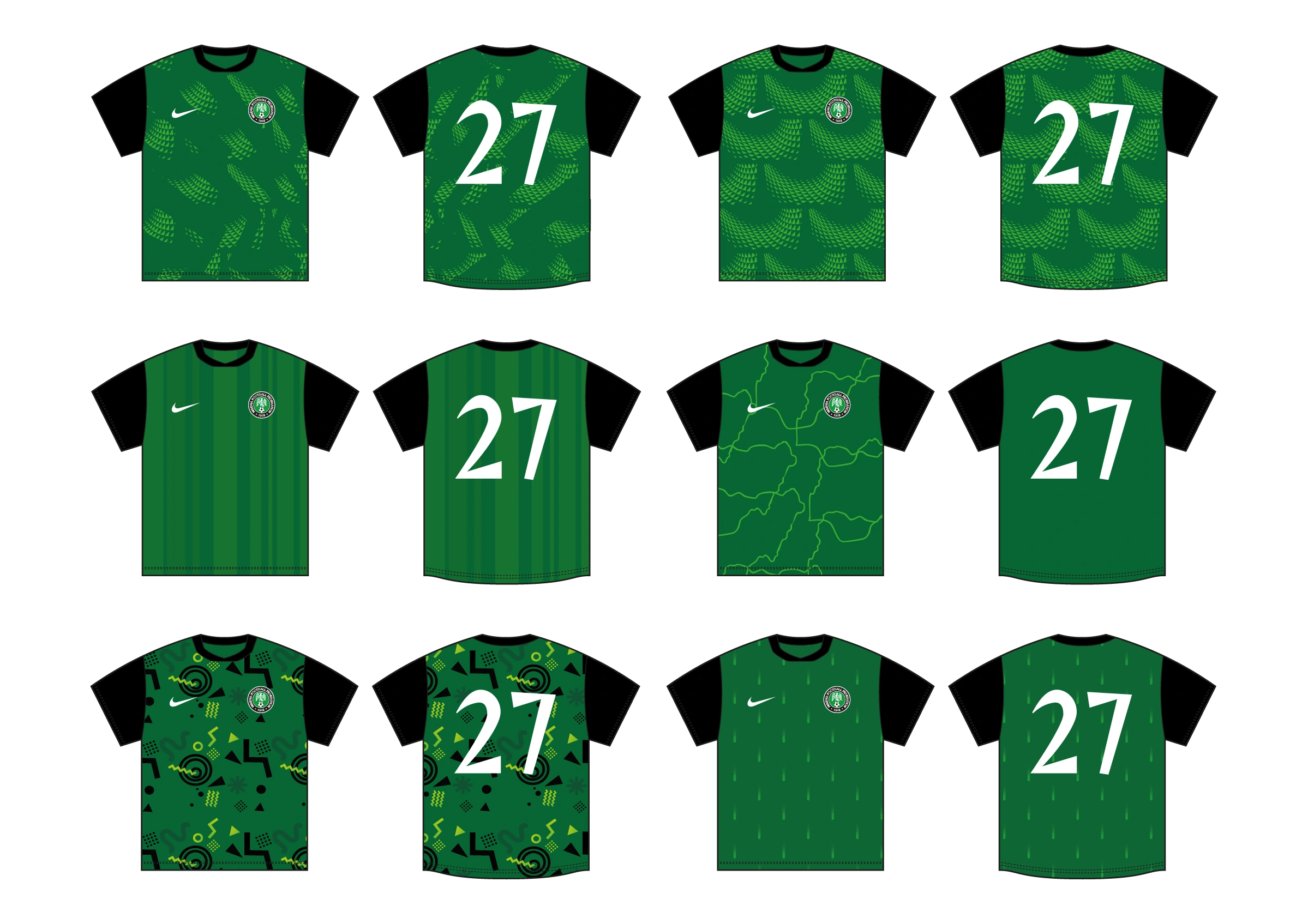 First round of six Nigeria home shirt concepts exploring green patterns and black sleeves