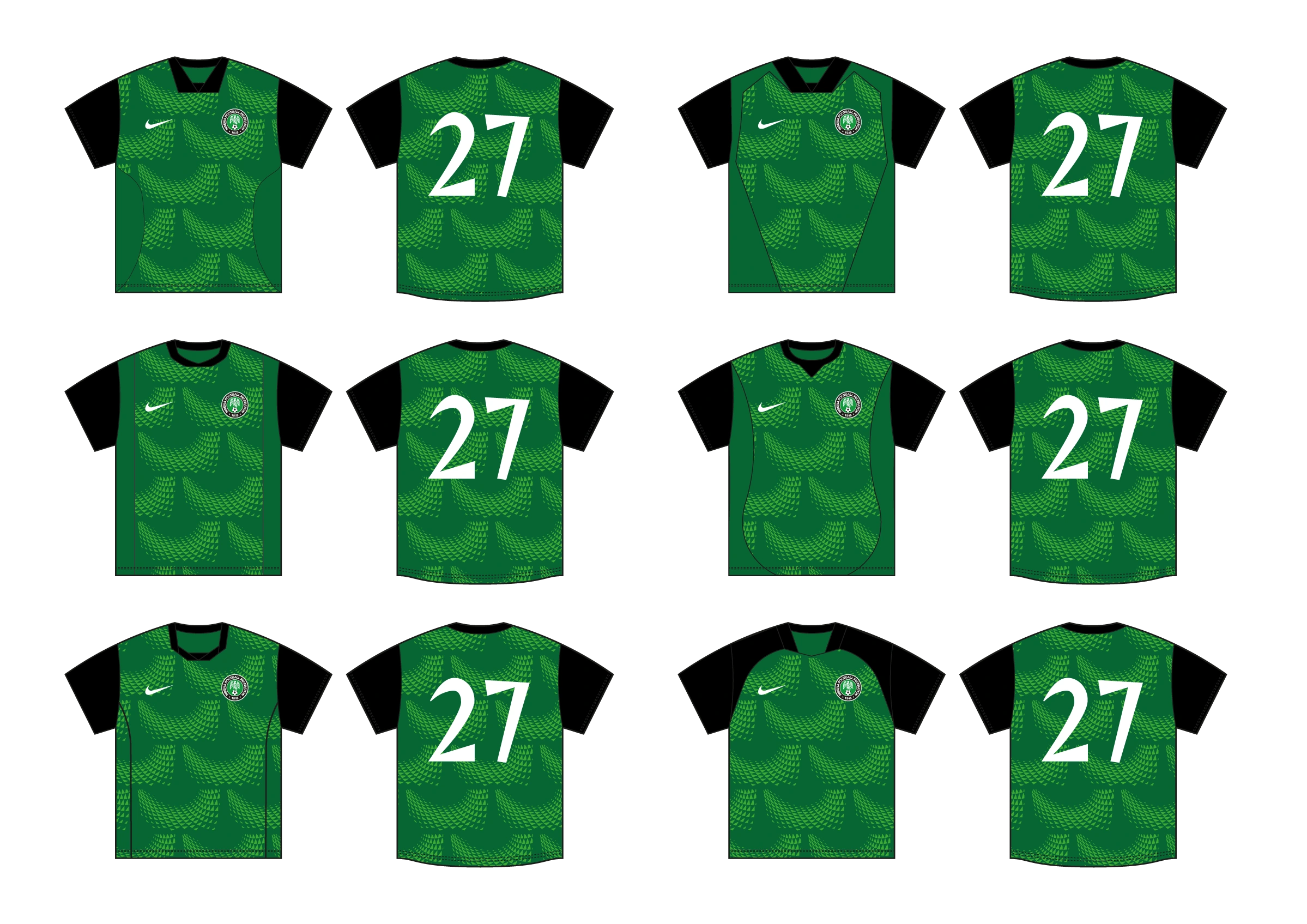 Second round of Nigeria shirt concepts exploring graphic scale and collar variations