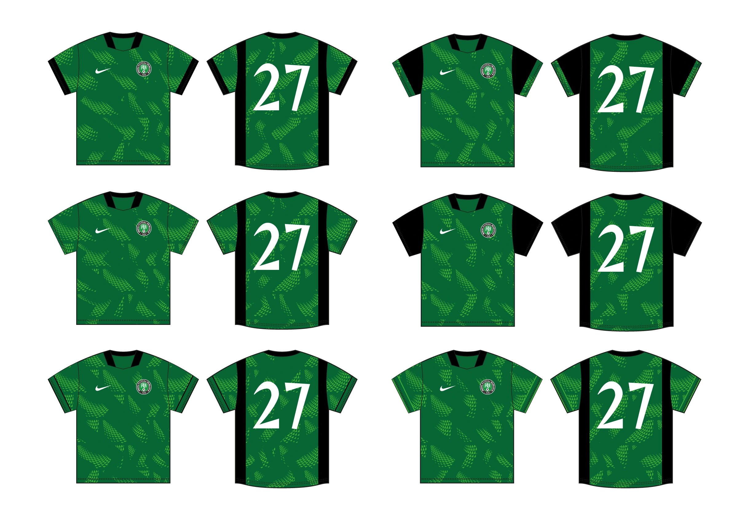 Third round of Nigeria shirt concepts refining green graphics, collars, sleeves and contrasting panels