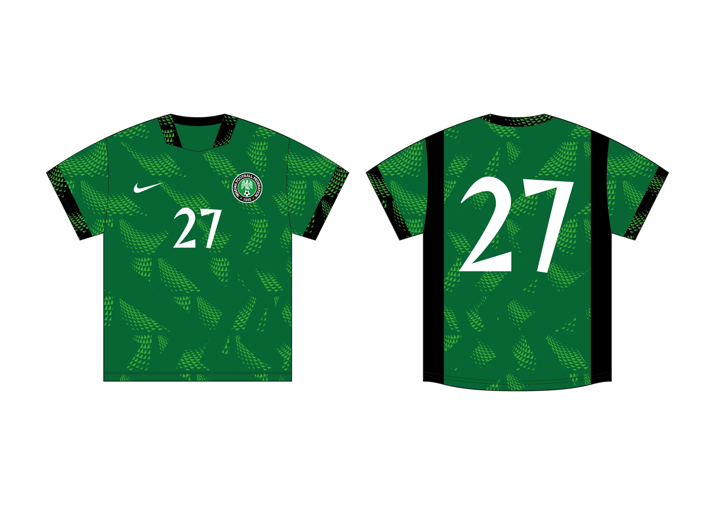 Final Nigeria home shirt CAD showing front and back views with green geometric graphics, black panels and white numbering