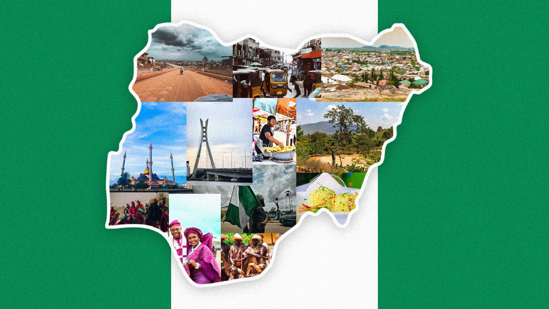 Nigeria moodboard with a map silhouette containing landscapes, architecture and cultural imagery over a green and white flag background