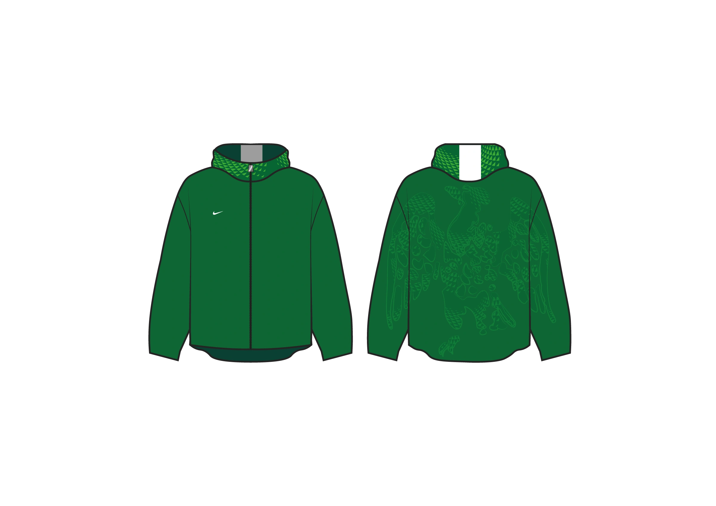 Nigeria lifestyle windbreaker CAD showing front and back views, a patterned hood, white hood stripe and tonal eagle graphic