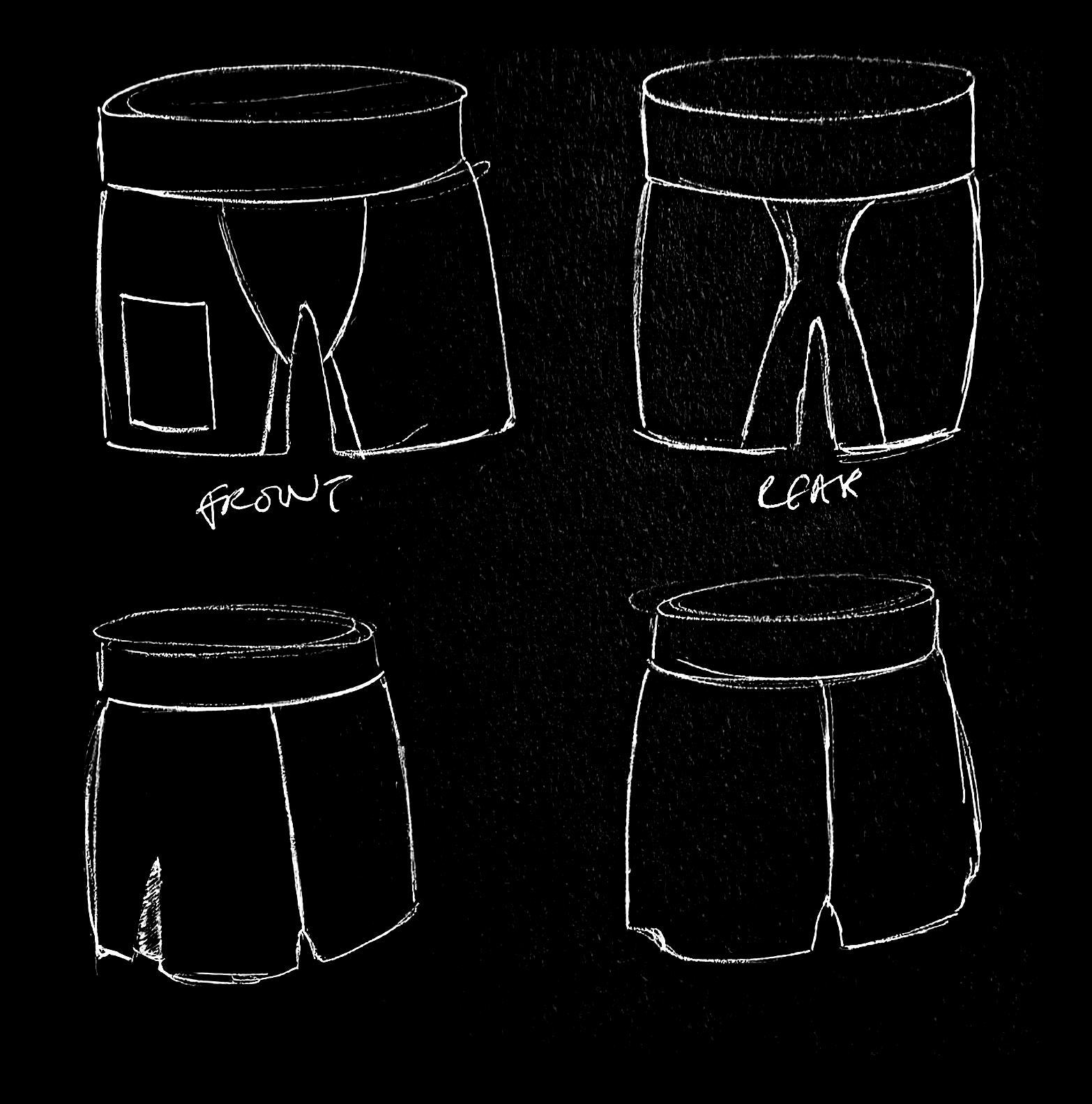 Selected inner and outer shorts sketches, front and rear, with original handwriting preserved