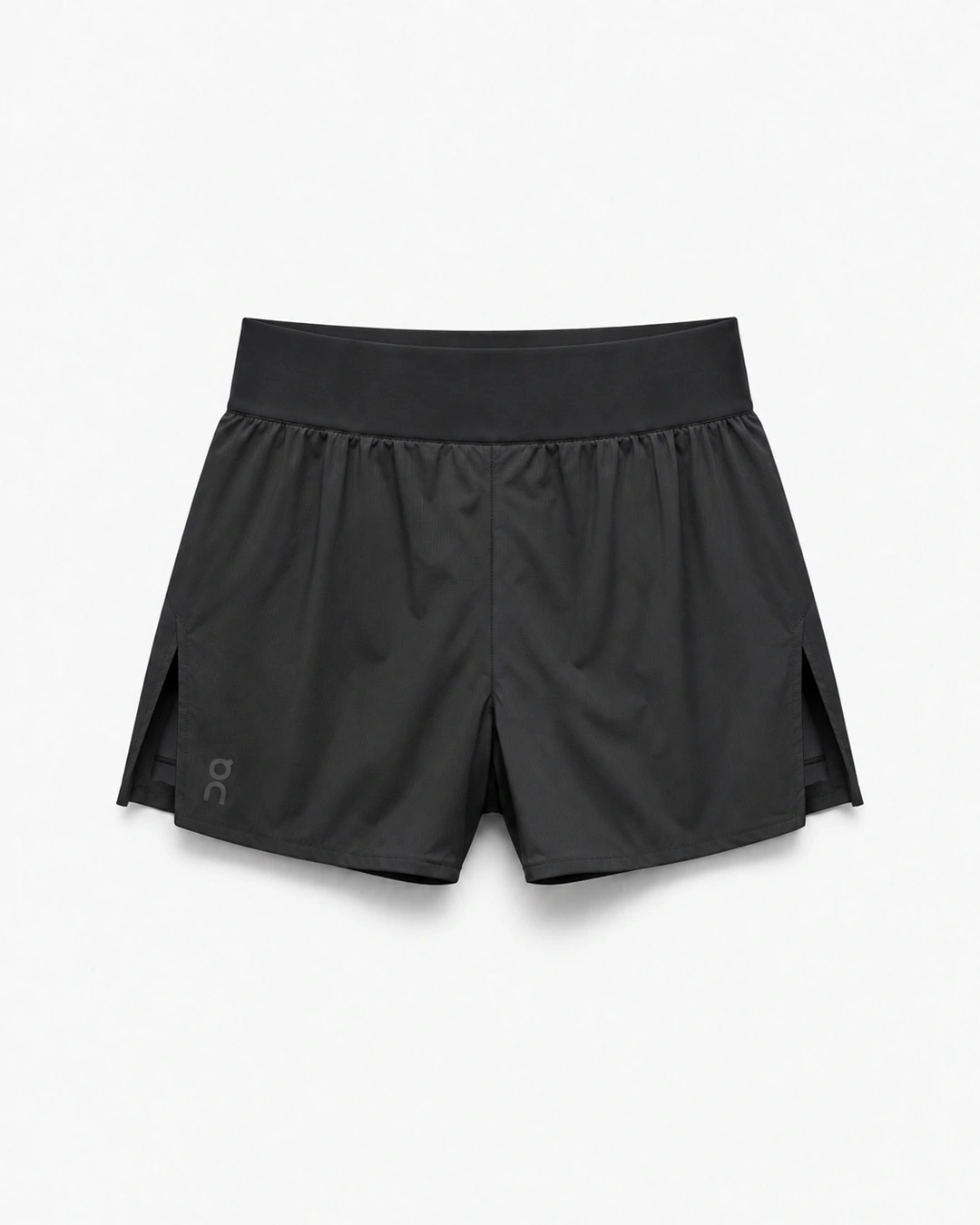 Black two-in-one running shorts with deep waistband and side splits