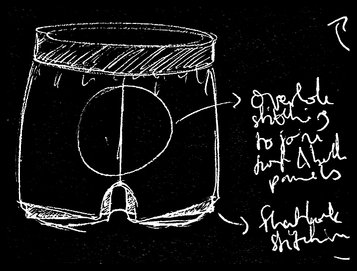 Original running shorts development sketch 11, with original handwritten marks preserved